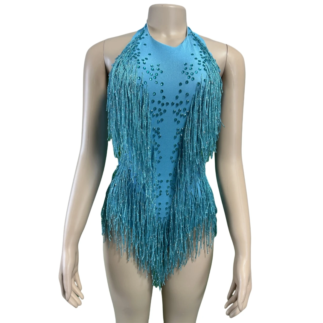 

Lake Blue Rhinestone Fringe Bodysuits For Women Backless Sparkly Tassel Dance Leotard Homecoming Cheerleading Drag Queen Costume