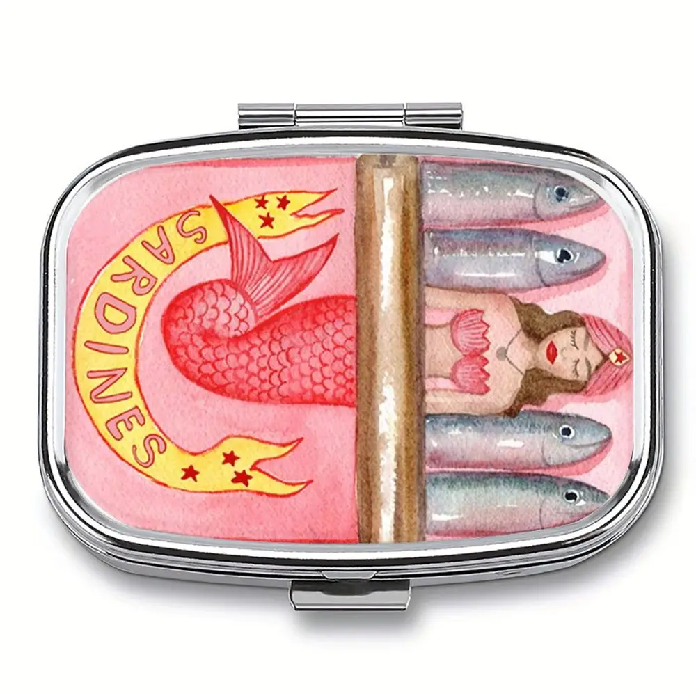 1PC Mermaid Sardine Mini Metal Box, 2-Compartment, Portable Gift Case