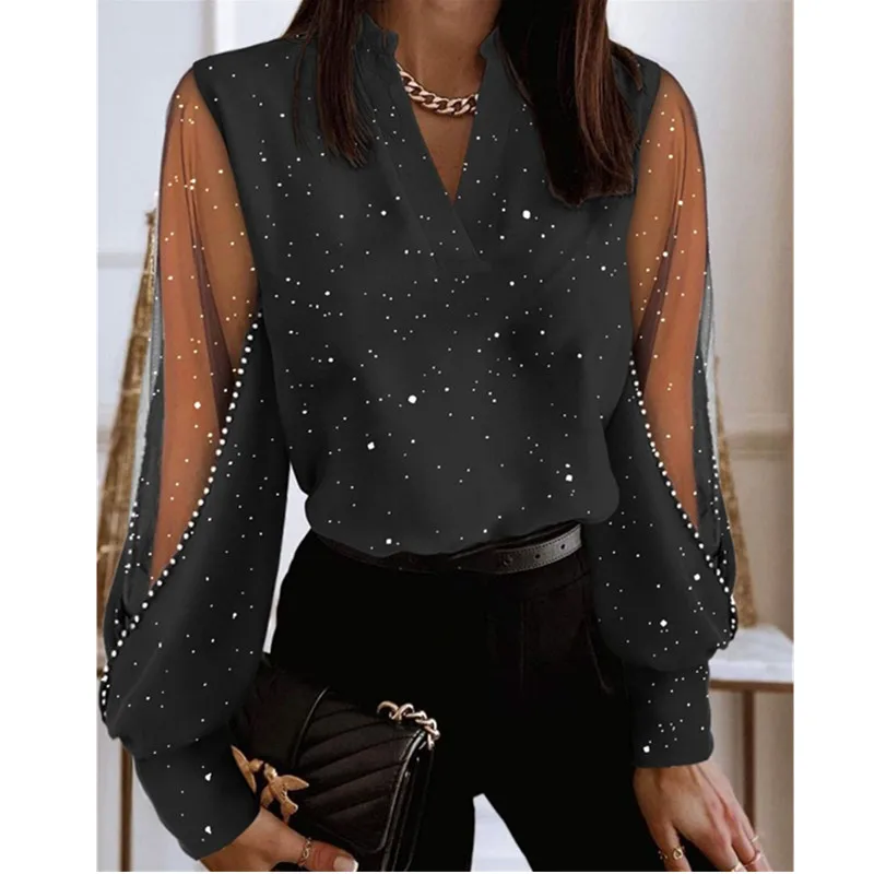 Autumn Winter New V-neck Long Sleeved Lace Shirt Women\'s Work Shirt Fashion Street Personality Shirt Lady Solid Color Blouse