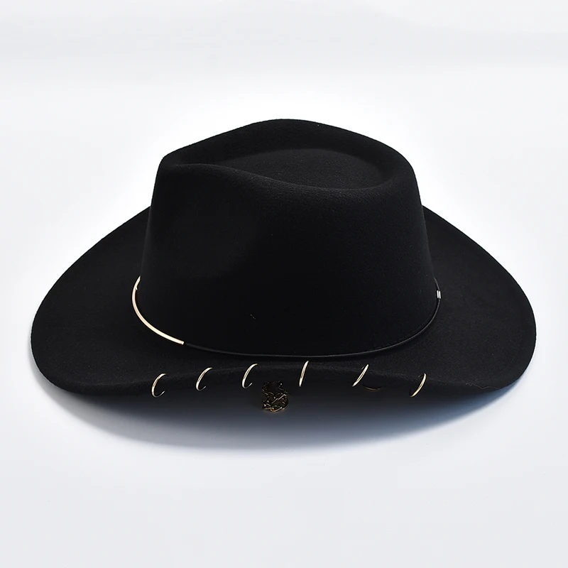 Retro Fedora Hats for Women Men Metal Chain Decor Felt Jazz Hats Curved Brim Western Cowboy Hat Sombrero Hombre