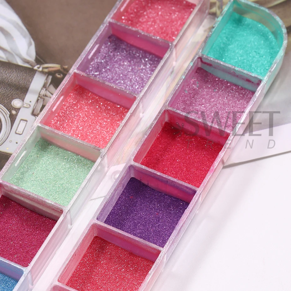 12 شبكة مرآة ملونة الأظافر بريق مسحوق النيون تأثير الكروم الصباغ أورورا فرك الغبار بصيص مانيكير اكسسوارات الديكور فلاش