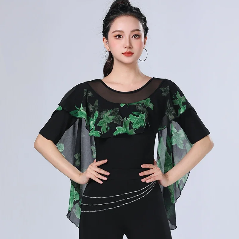 

New Professional Performance Latin Ballroom Dance Top for Women Adult Fashion Slim-Fit Ballroom Round Neck Samba Dance Dress