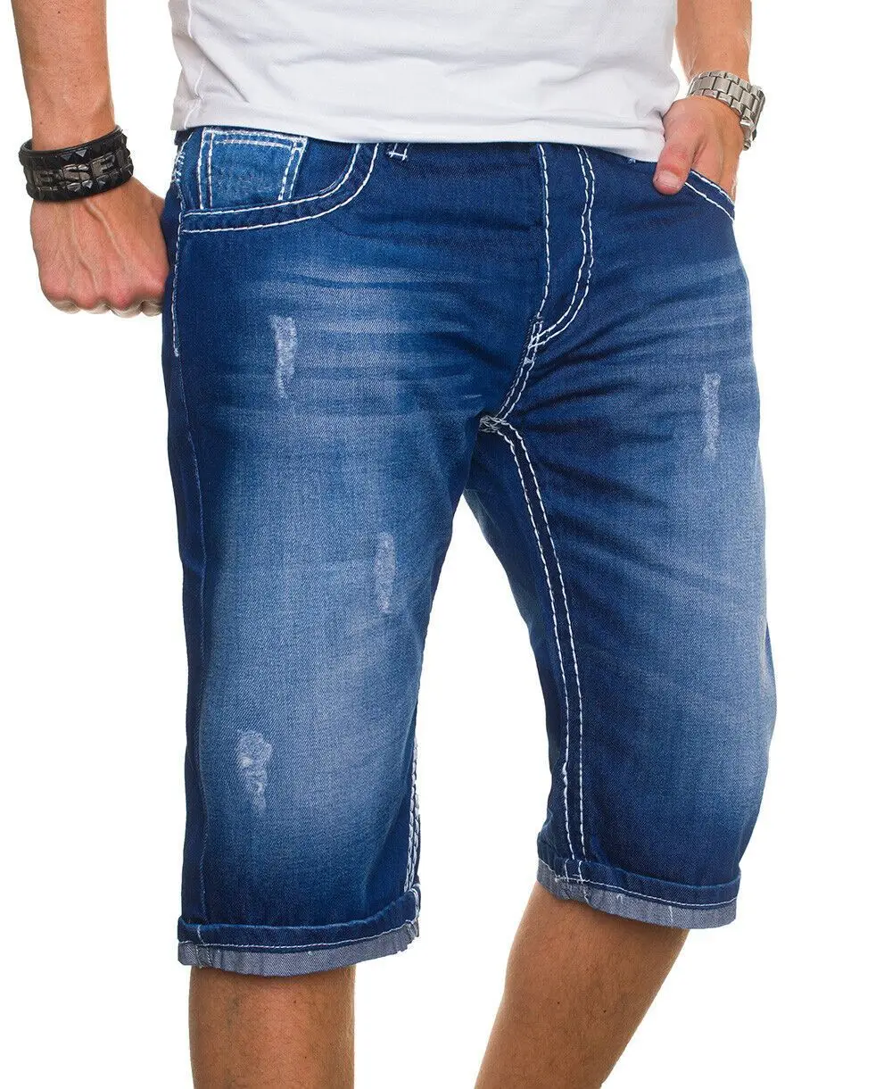 

Summer New Fashion Men's Casual Trendy Blue Solid Color Elastic Skinny Jeans Shorts Slim Denim Knee Length Pants Slim Streetwear