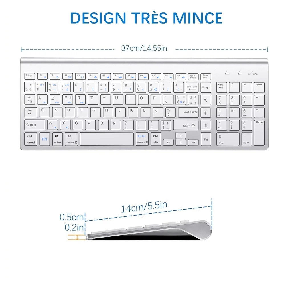 Francuska bezprzewodowa klawiatura Ultra Slim Dual Mode 2.4G i Bluetooth, kompaktowa, energooszczędna klawiatura z układem AZERTY dla systemów Windows i iOS. — zdjęcie produktu 6