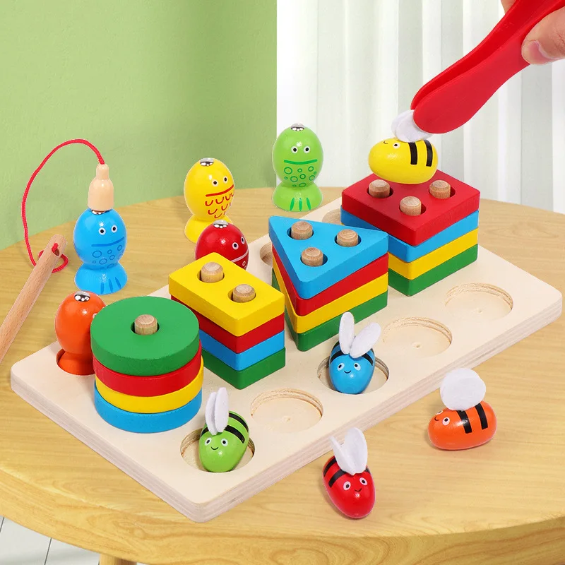 Montessori Wooden Fishing Clip Bee 3 In 1 Pillars Early Education Hand Eye Coordination Color Recognition Interactive Baby Toys