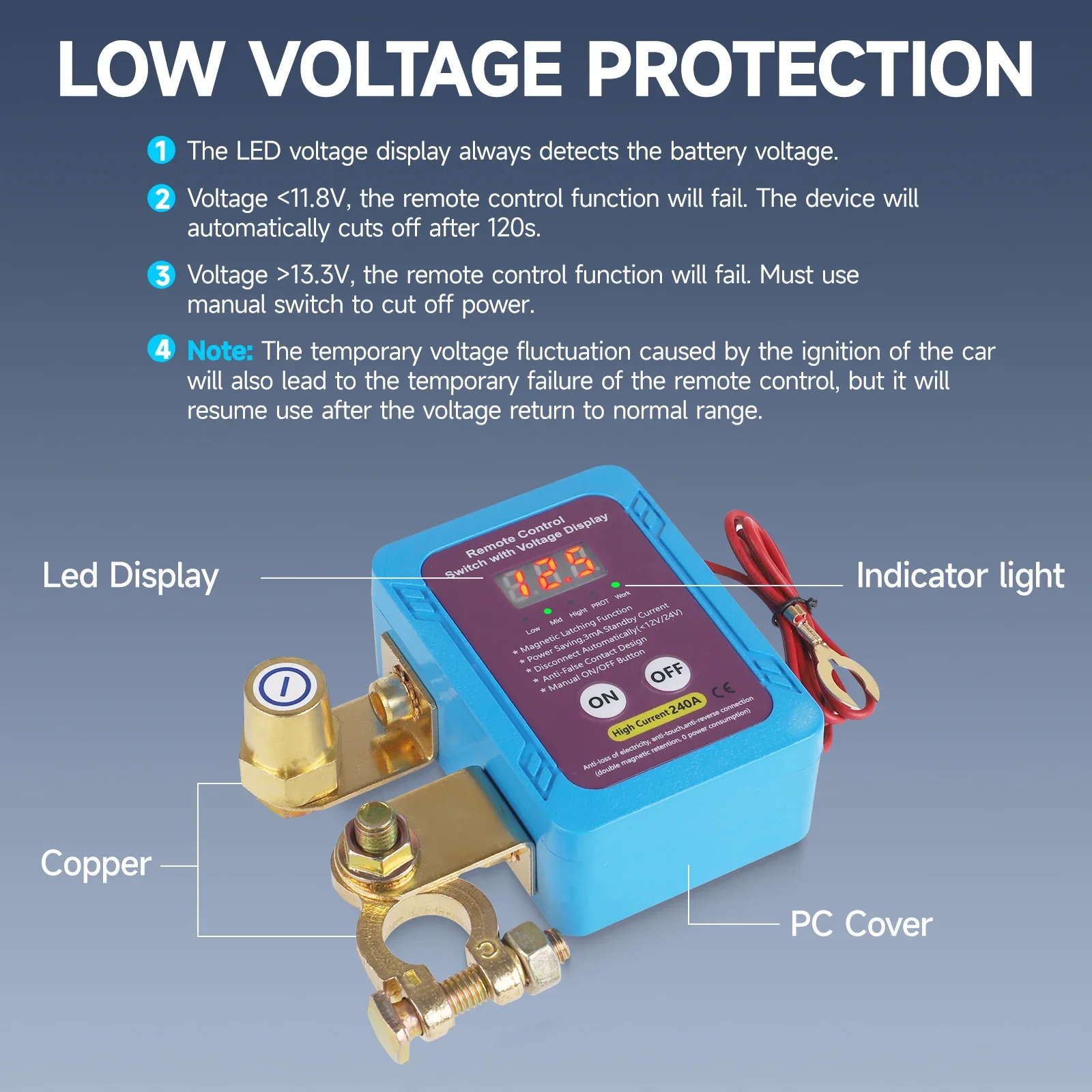 Interruptor de desconexión de batería con Control remoto, pantalla Led, ahorro de energía automático, antirrobo para coche, camión, barco, RV, Camper, 240A, 12V
