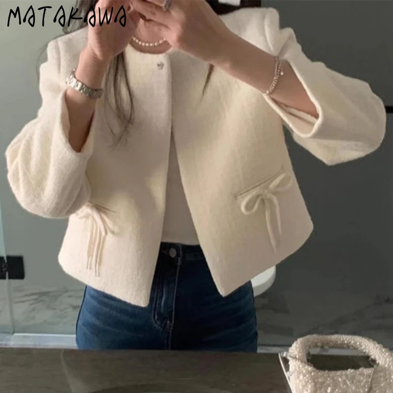 Matakawa เดี่ยวปุ่มผู้หญิงแจ็คเก็ต Bows เกาหลีแฟชั่น Chic Chaquetas Mujer ฤดูใบไม้ร่วงฤดูหนาว Elegant Simple Outwears