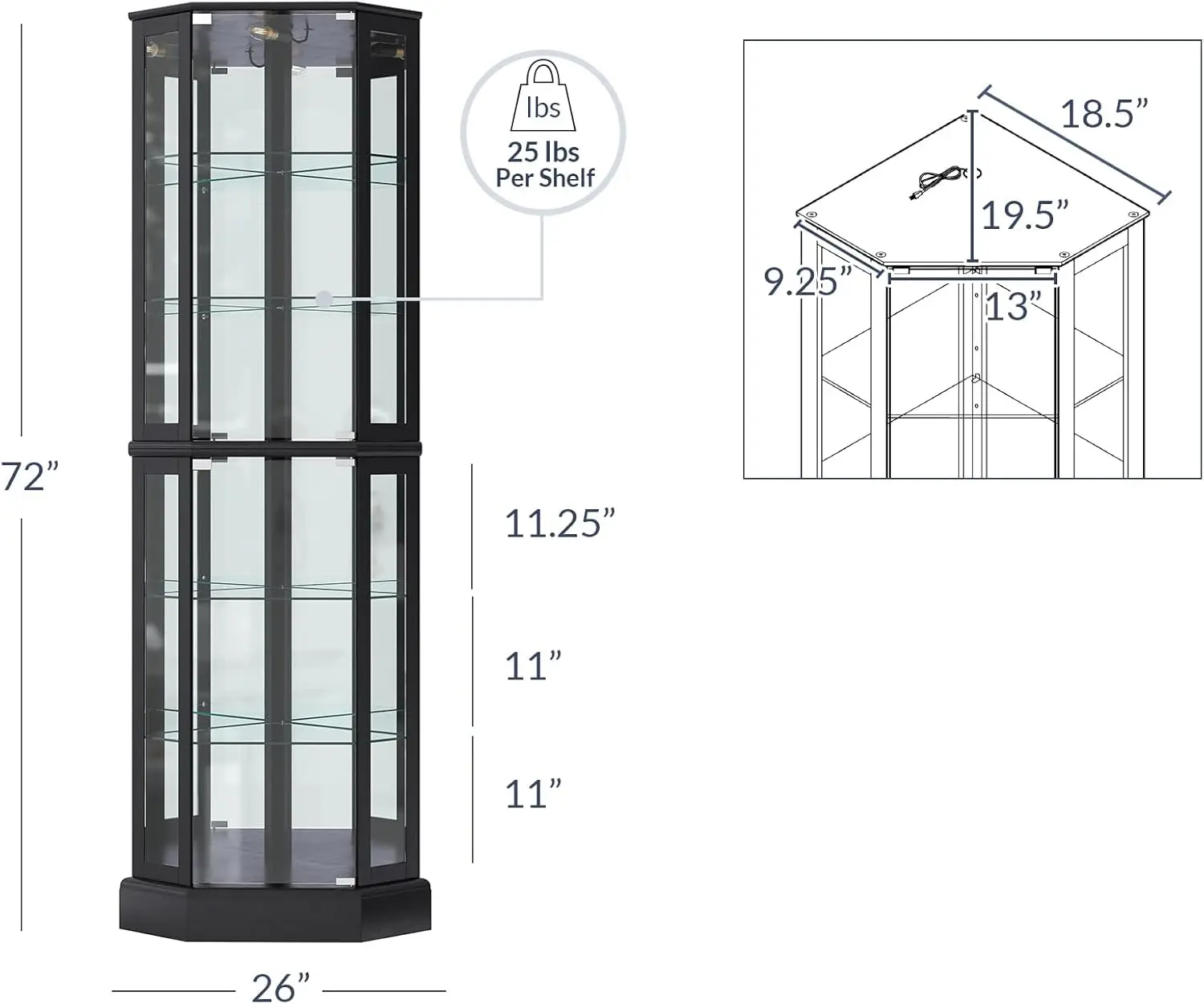 Lighted 3-Side Glass Display Curio Cabinet with Tempered Glass Doors and Shelves, Curved Wood Corner Cabinet with Bulb