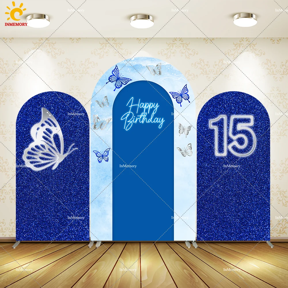 

Royal Blue 15th Birthday Arch Backdrop Cover Butterfly Princess Sweet 16 Birthday Arched Wall Party Banner Background Doubleside
