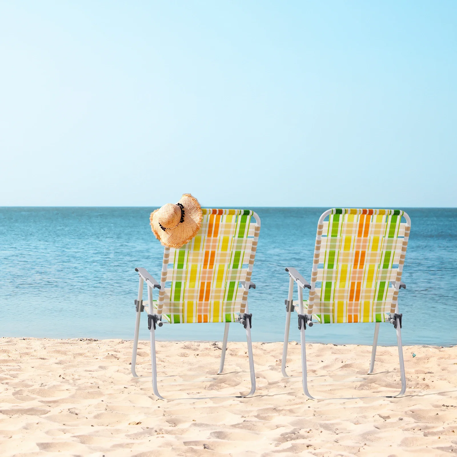 

Set of 2 Webbed Folding Beach Chairs,Outdoor Patio Lawn Foldable Chairs for Camping Fishing Yard Poolside BBQ, Yellow & Green.