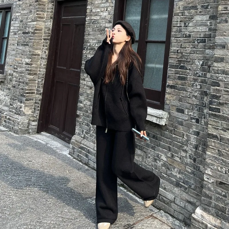 

Корейский шикарный осенне-зимний повседневный свитер с капюшоном на молнии, топ плюс вязаные длинные брюки, комплект из двух предметов, женский удобный E12159