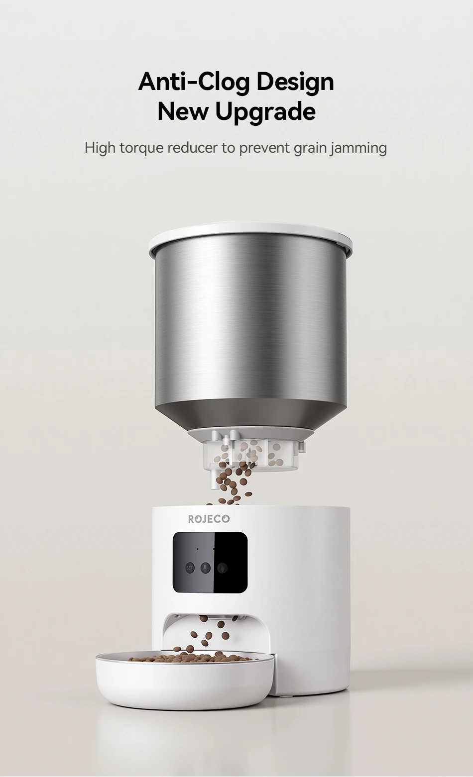 ROJECO 4,5 l automatischer Katzenfutterspender aus Edelstahl, WiFi-App, Fernbedienung, Sprachaufzeichnung, intelligenter Hundefutterspender, Heimtierbedarf – Detail 6
