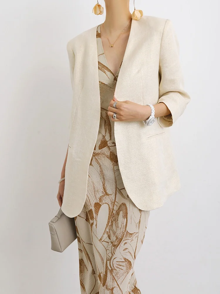 VB Simple Spring Edition Tee-Dimensional Tailoring No Collar Gold Tead Linen Suit Sunscreen No Button oulder Pad Loose...