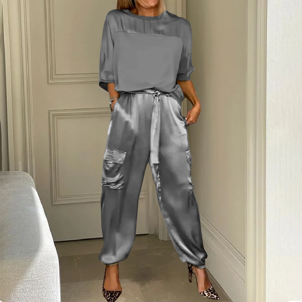 Summer Women Long Sleeve Two Piece Sets Satin Tops and Pants Casual Round Neck Long Pant Set Elegant Loose Holiday Chic Outfits