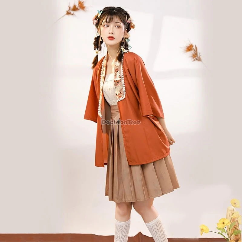 2024 chinese style female improved daily hanfu half sleeve coat vest short pleated skirt three piece daily casual hanfu set w522