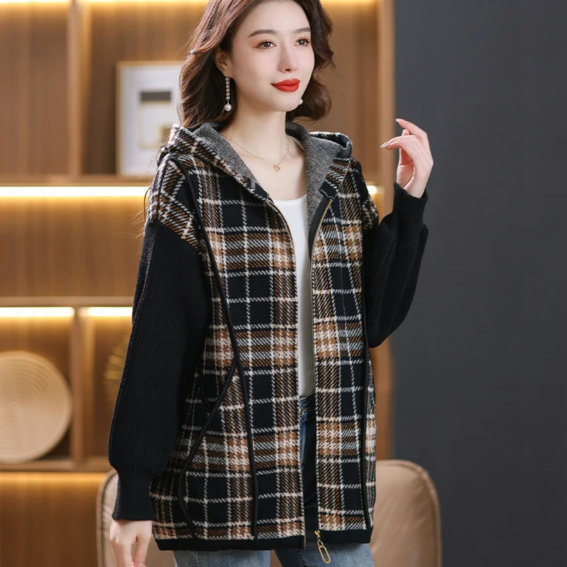 Women's Hooded Zipper Lattice Cardigan Middle-aged and Elderly Mothers Sweater Knitted Coat Casual Outwear Autumn Winter New