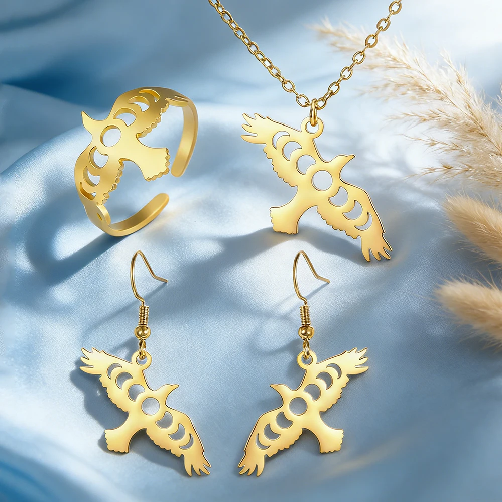 Dawapara Moon Phase Cutout Crow Necklace Earrings Ring Raven Jewelry Set Good Luck Mythical Creatures Pendant Stainless Steel