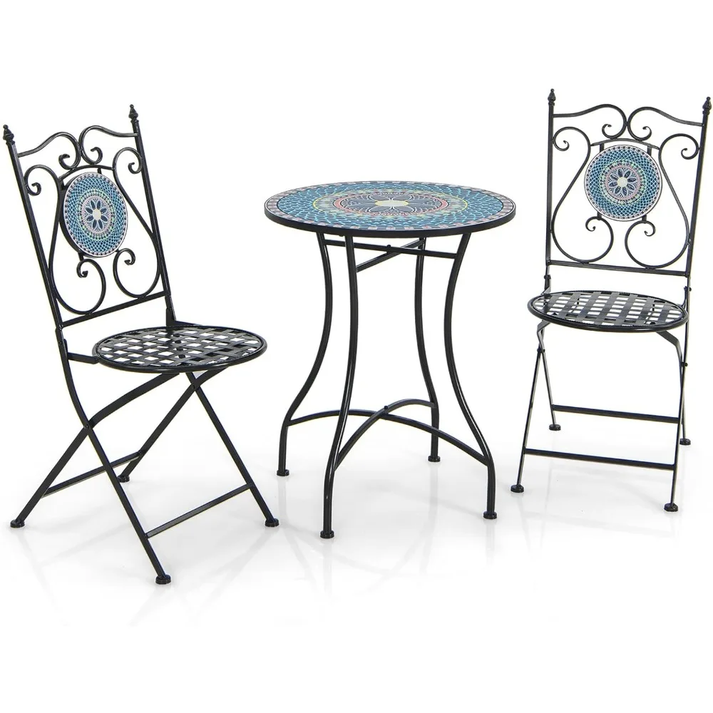

Bistro Table and Chairs Set of 2, 3 Pieces Mosaic Patio Table with Folding Chairs, Steel Frame, Outdoor Round Patio Furniture S