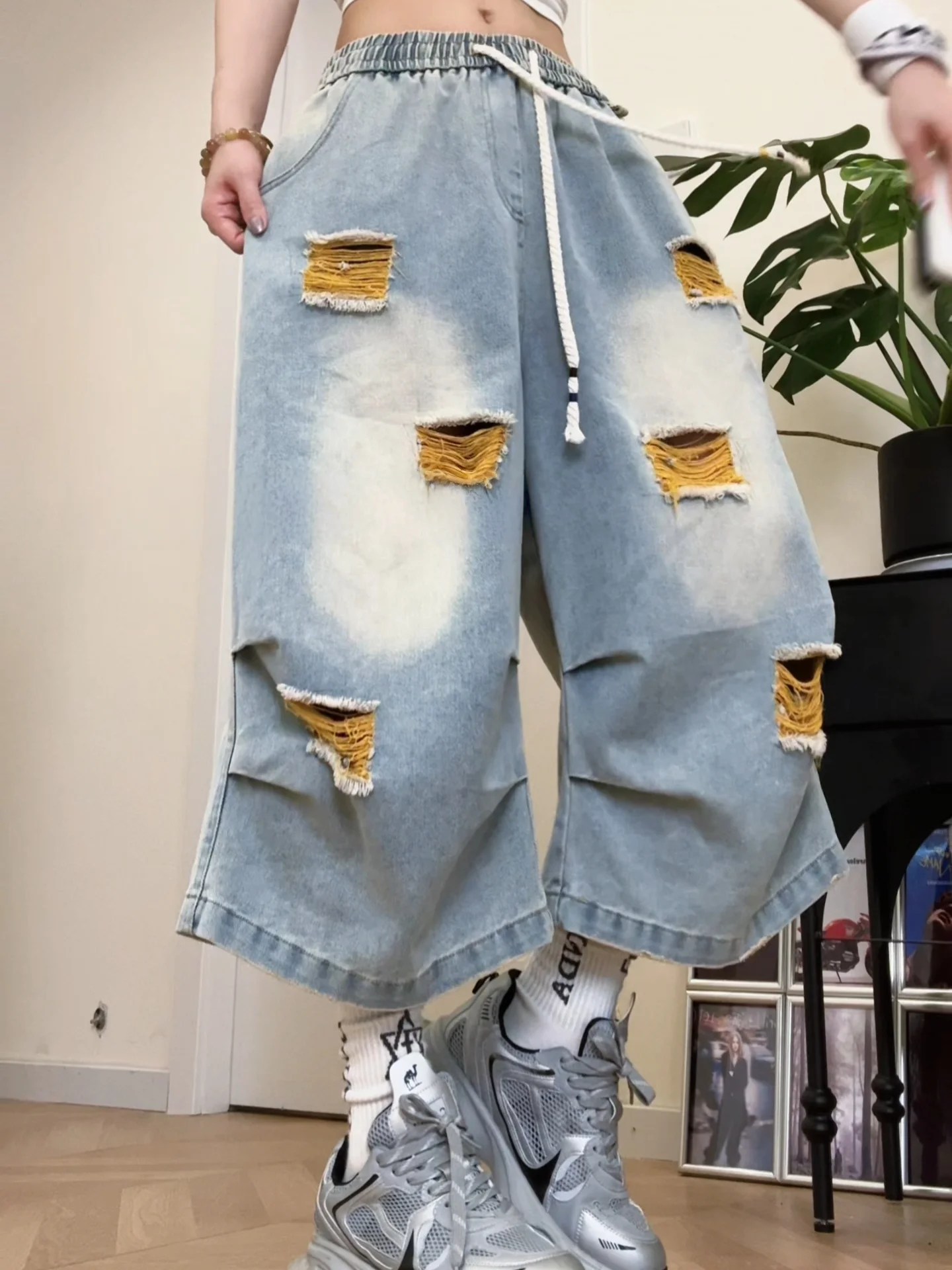 Retro American Hole Punch Color Block Seven-Foot Jeans Casual Men's Fashionable Summer New Style Loose Fit Youth Denim Shorts