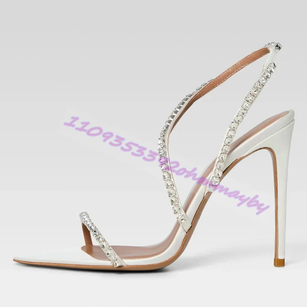 

Summer White Rhinestone High Heels Ladies Round Head Thin Heel Back Strap Sandals Fashion Party Wedding Shoes Zapatos Mujer 46