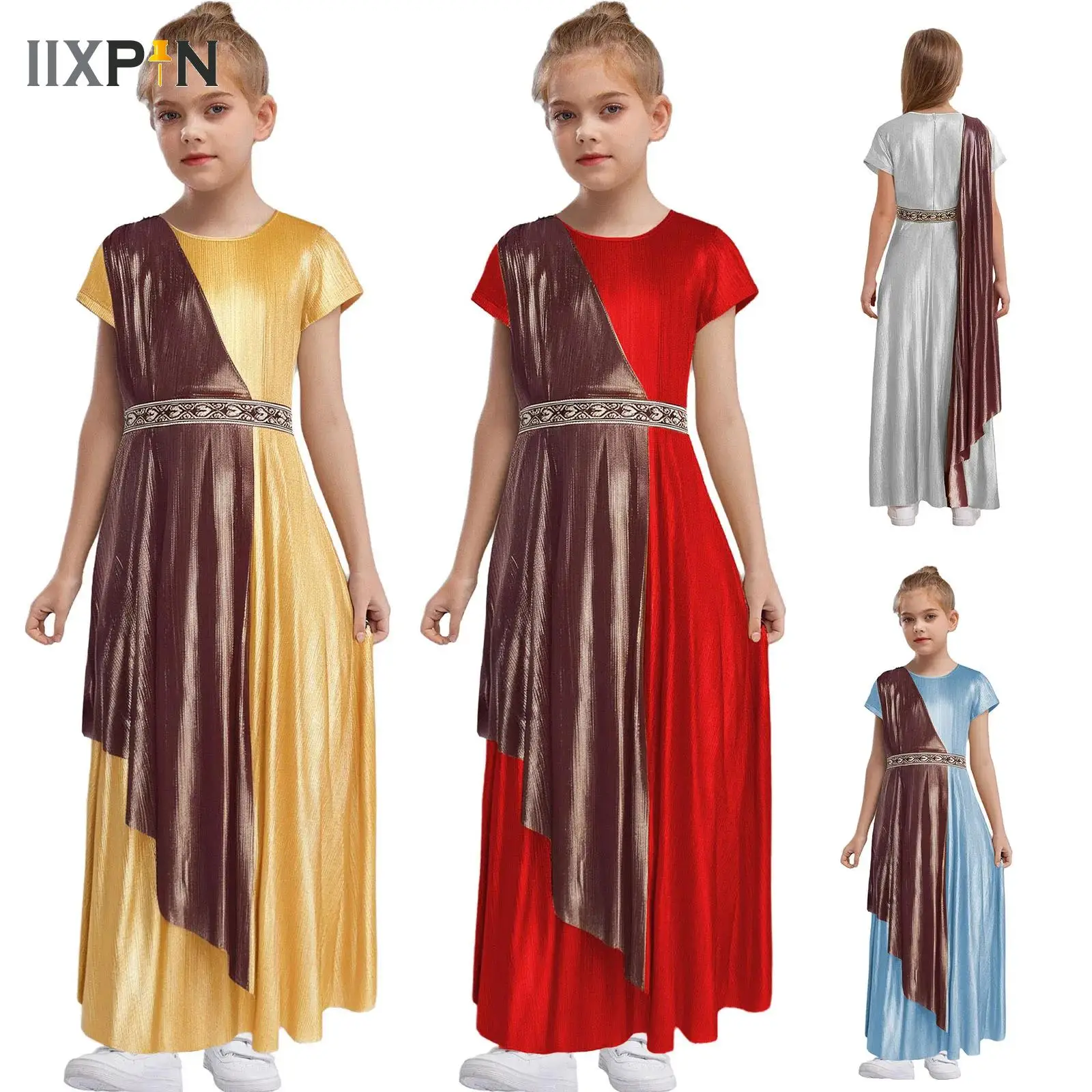 

Girls Greek Nymph Toga Robe Ruffles Vintage Metallic Maxi Dress Ancient Roman God Cosplay Costume for School Show Halloween