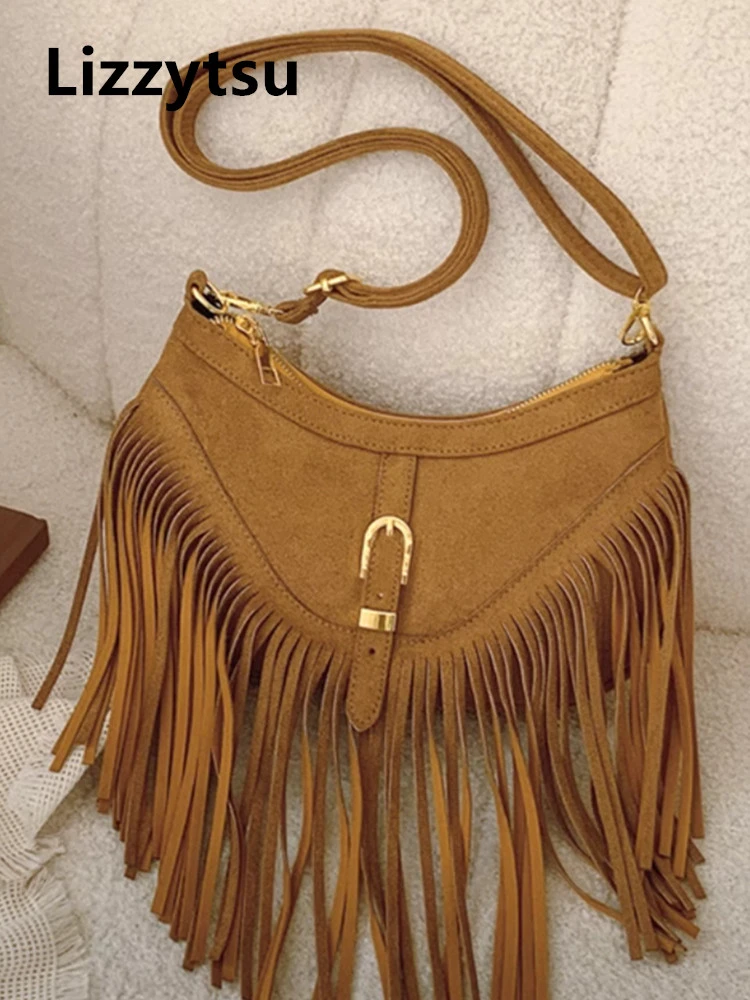 

Lizzytsu Vintage Casual Deerskin Tassels Bag Women Korean Easymatch Streetwear Shoulder Bag Daily Wear Crossbody Bag