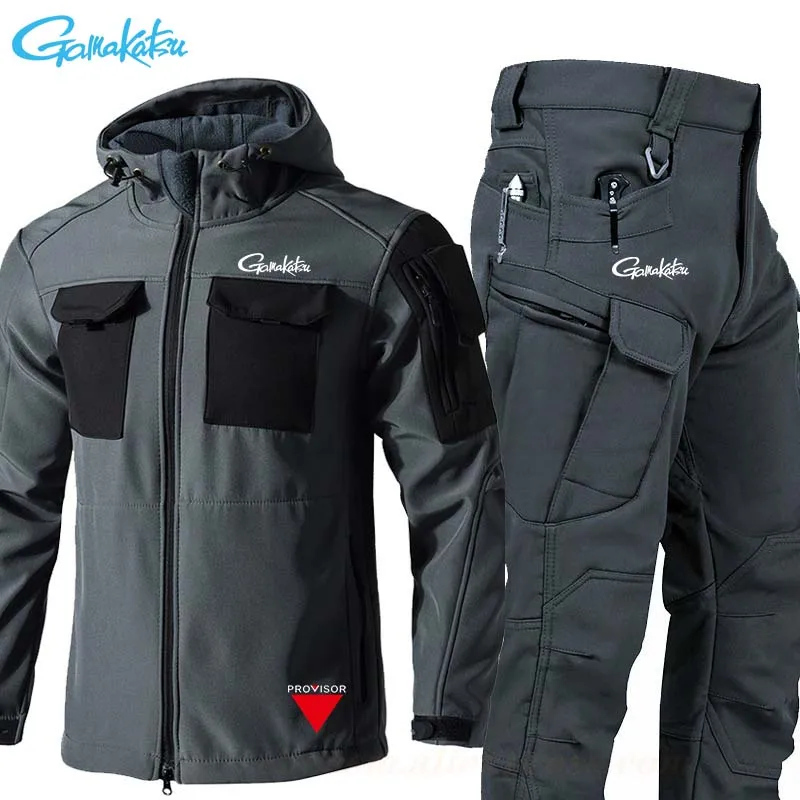 

Gamakatsu зимний утепленный мужской камуфляжный костюм, водонепроницаемый тактический комплект, куртка с капюшоном и несколькими карманами, флисовые брюки, уличная рыбалка, 2 предмета