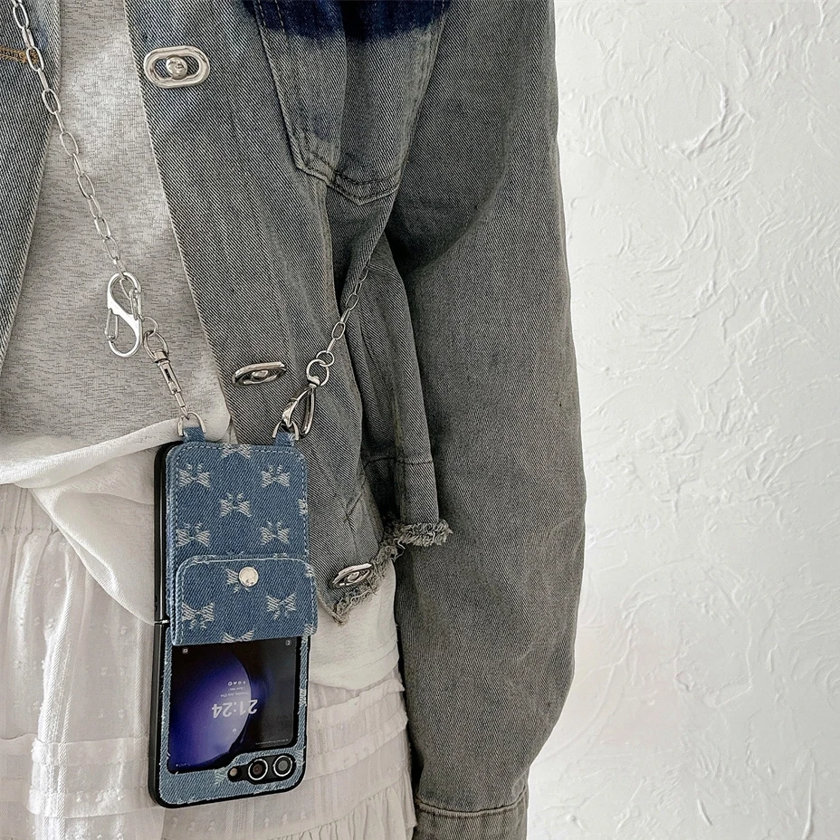 Card Solt Bag Denim Fabric Wallet Wrist Strap Case For Samsung Galaxy Z Flip 6 5 Fold 4 3 Bow Knot Shoulder Chain Lanyard Cover
