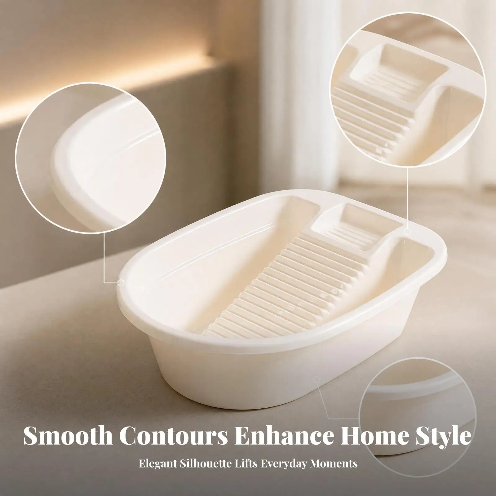 Household Washing Basin with Raised Rim and Scrubbing Section Thick PP Plastic Tub for Washing with Bucket