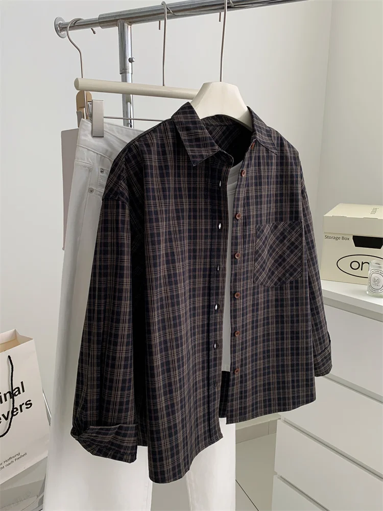 Checkered Shirt for Women Washed Cotton Brown Plaid Button Up Down Blouse Cardigan Auumn