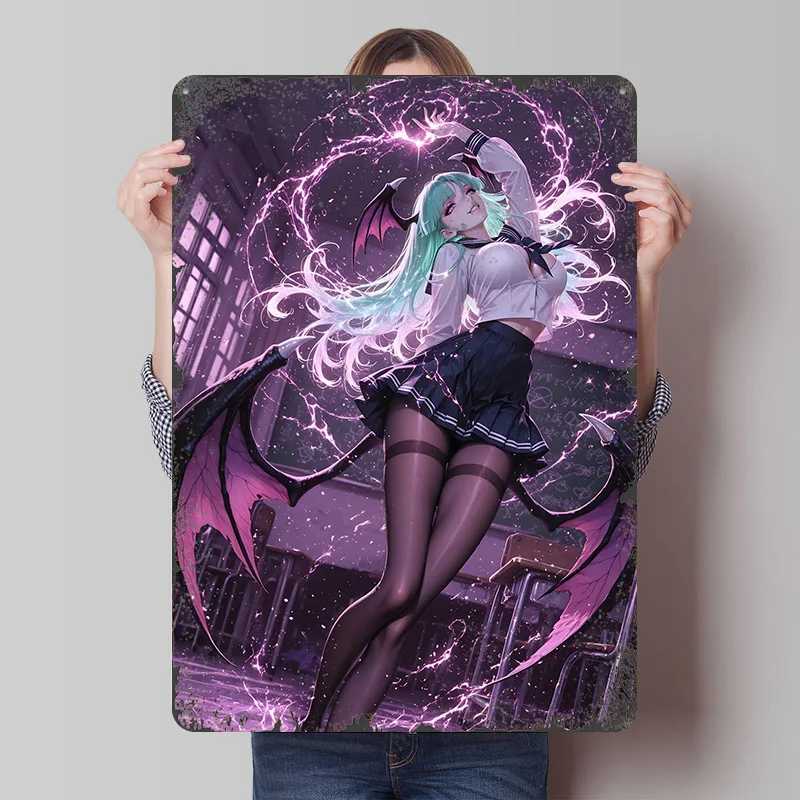 Morrigan Aensland in School Uniform Tinplate Poster Customized Wall Art Vintage Retro Metal Signs for Room Decorations Man Cave