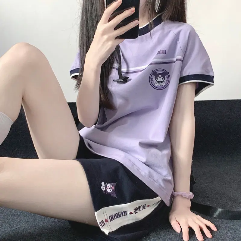 Kawaii Sanrio Kuromi Purple Sports Suit Female Summer Student Casual Sportswear Short-Sleeved Shorts Anime Cute Cartoon Gift