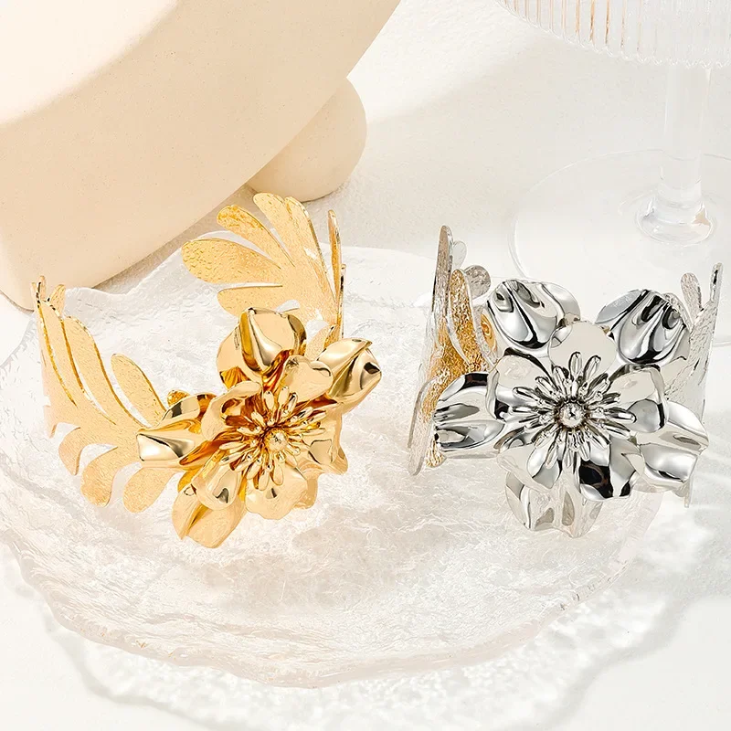 Personalized Leaf Ring Flower Metal Open Bracelet For Women Party Holiday Gift Fashion Jewelry AB019