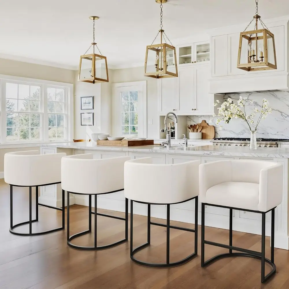 

Набор из 3 черных металлических барных стульев для барной стойки с льняной обивкой спинки и подлокотников, бежевый цвет