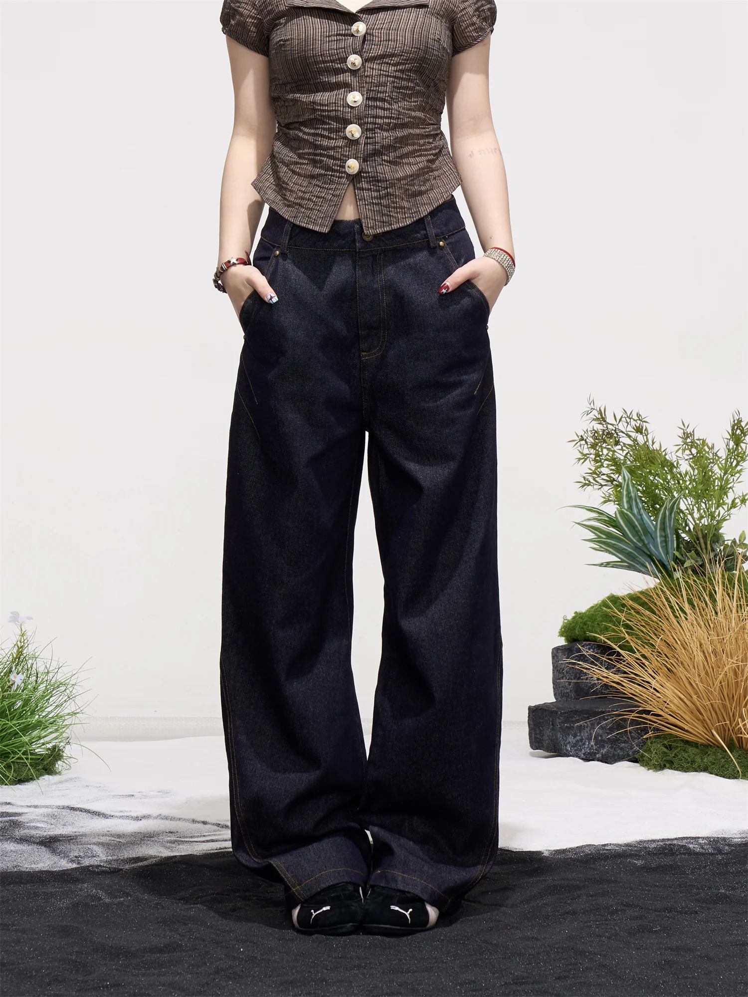 

Waed Wide Leg Jeans Women Loose Straight Long Pants Slimming Dra Floor-Length Spring Season American Retro Sle