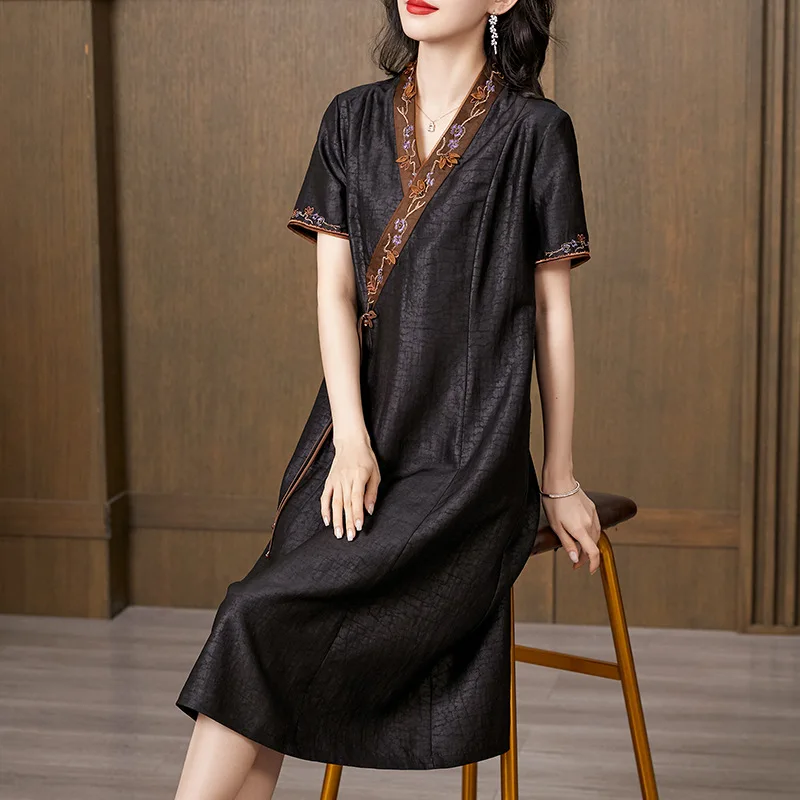 BirdTree, 100%Real Silk Watered Gauze Dresses, Women Short Sleeve Embroidery, Retro Commute Mom Dress, 2024 Summer Fall D47114QC