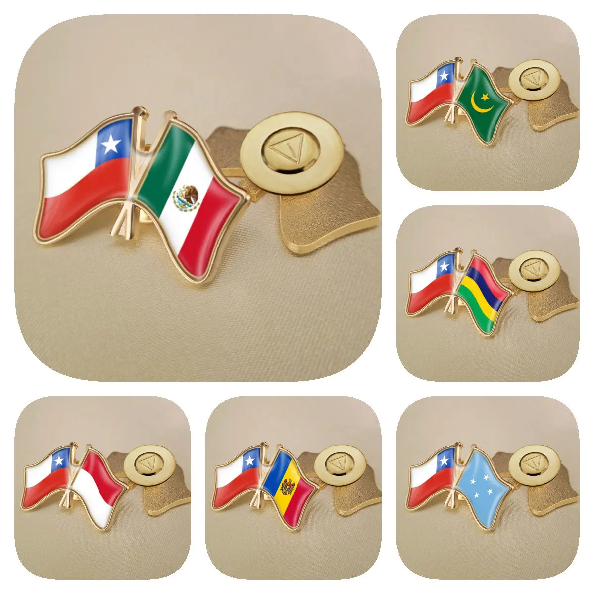 Chile and Mauritania Mauritius Mexico Micronesia Moldova Monaco Double Crossed Friendship Brooches Flags Lapel Pins Badges