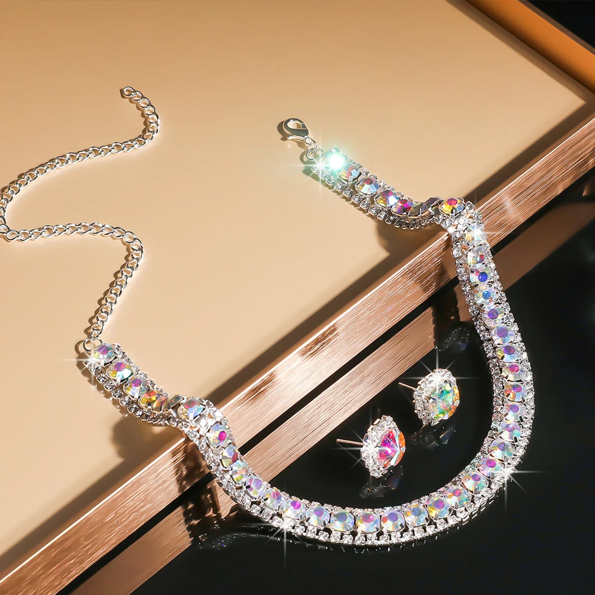 

Minimalist Jewelry Set for Women Flash Crystal Necklace Earrings Trendy Clavicle Chain Banquet Wedding Anniversary Accessories