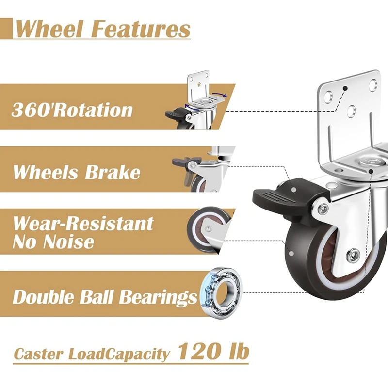 IALJ-Side Mountล้อ,ชุดล้อ 4 พร้อมเบรค,L-Shapeแผ่นล้อเล็กสําหรับเฟอร์นิเจอร์,ตู้ล้อ