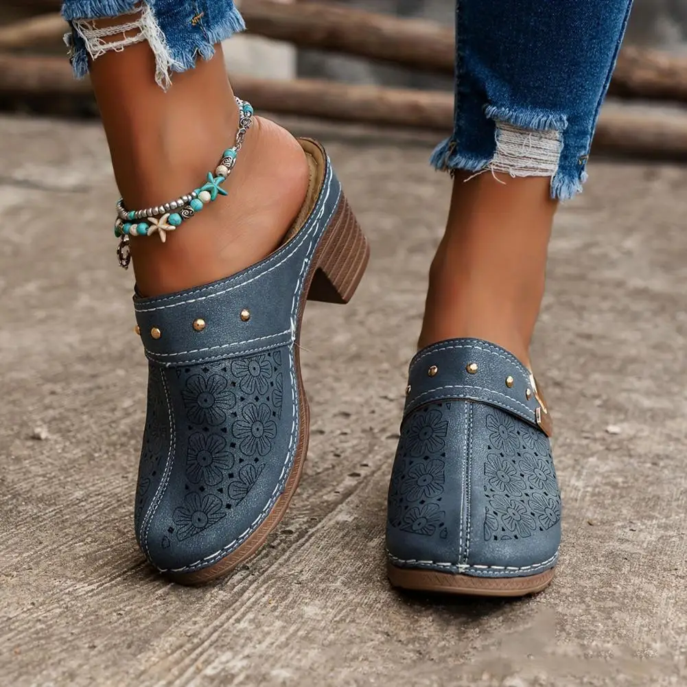 Classic Design Women Shoes Stylish Women's Chunky Heel Mules with Flower Pattern Hollow Upper for Summer Street Parties Fall