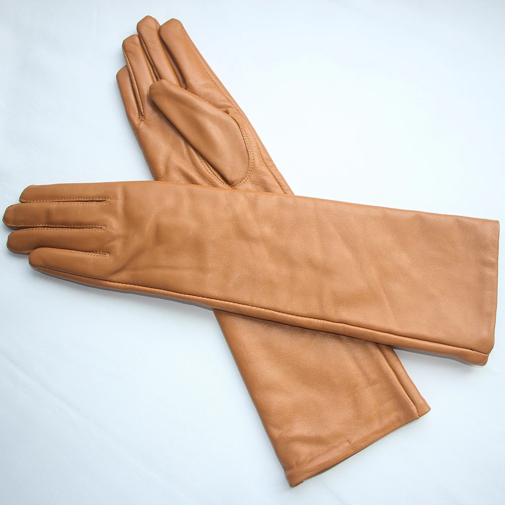 Long gloves winter sheepskin leather gloves women genuine leather mittens female long styleArm sleeve Brown lady fashion