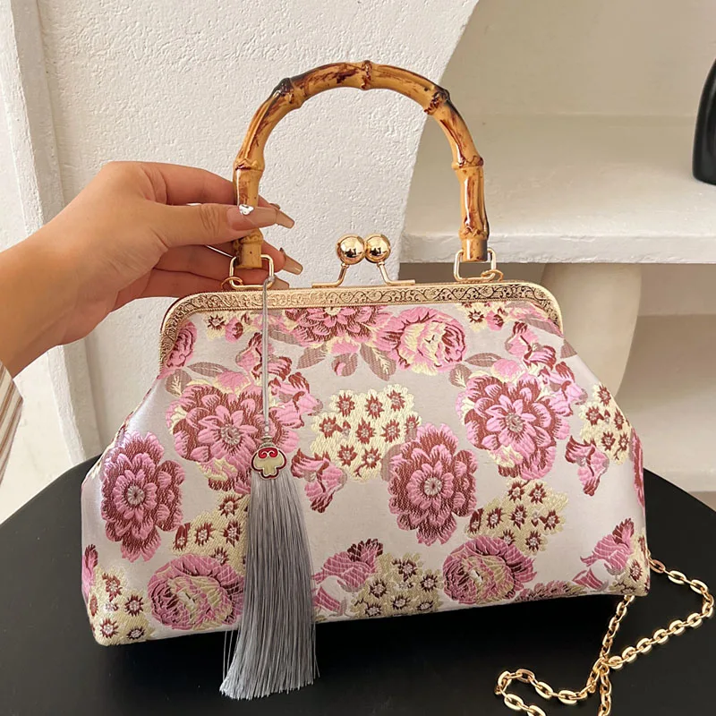 Vintage Women Gray Tassel Lock Shell Clip Designer Chain Shoulder Bags Flower Crossbody Bags Handmade Pink Handbags And Purses