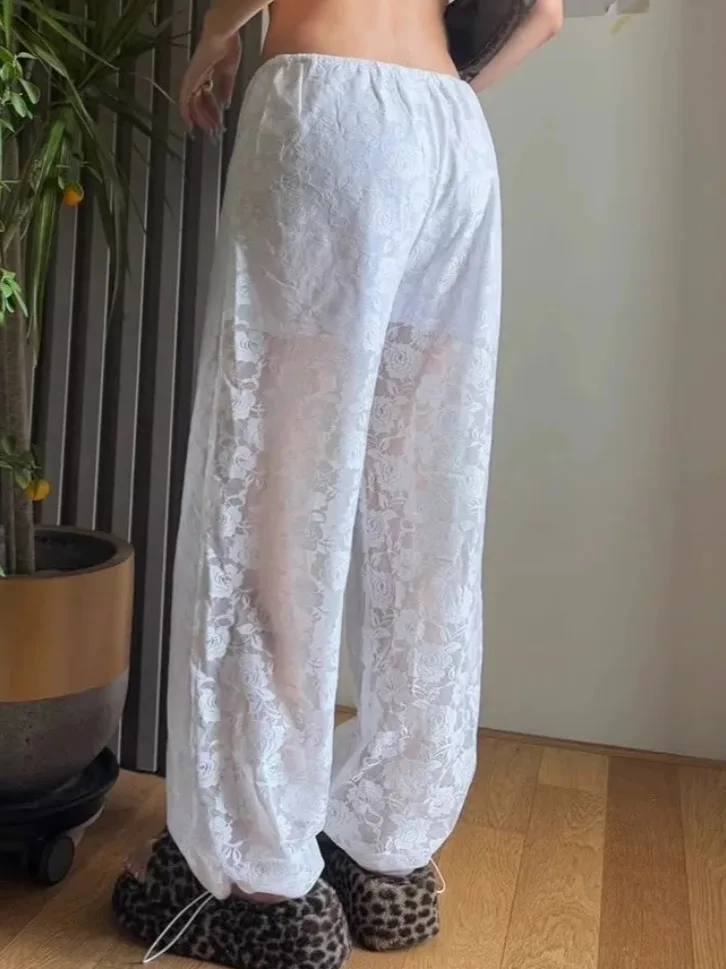 

East Gate Girl Large Rose Lace Flower Elastic Waist Long Pants Wide Leg Pants Anti-Light with Summer 2025 Women's Clot...