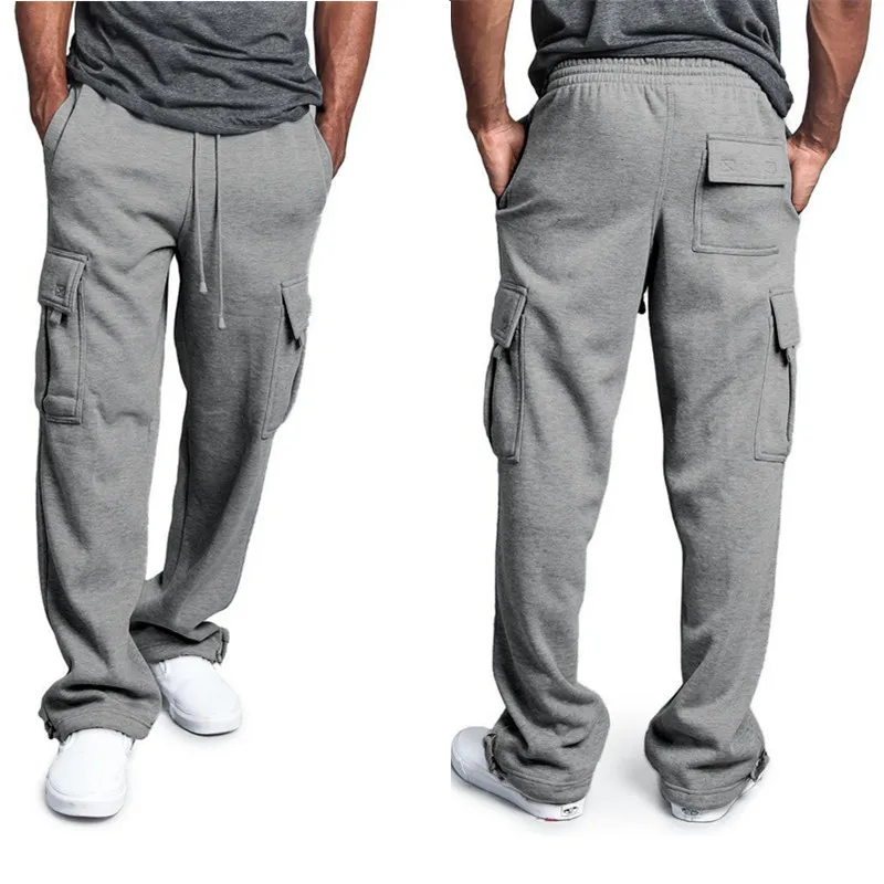 New Casual Men\'s Drawstring Elastic Waist Solid Color Pocket Cargo Pants Sports Pants Sweatpants