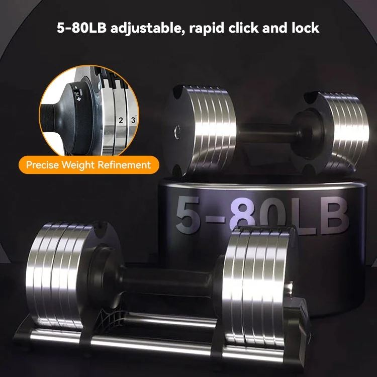 Adjustable Dumbbell Set 24kg Cast Iron Chrome Plated Black Home Use 4kg Increments Non-Slip Unisex
