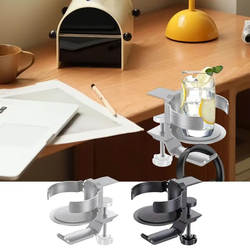 Cup Holder For Desk 2-in-1 Clip On Cup Holder Headphone Hanger Clamp Cup Holder 360 Rotating Game Desk Accessories Anti-Spill