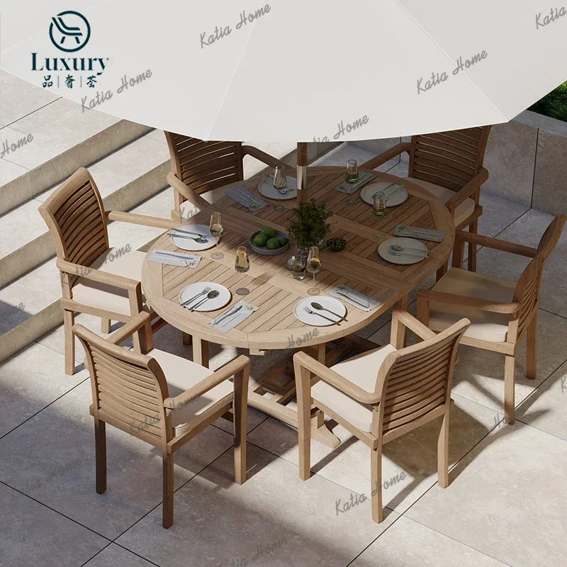 Round Shape Teak Garden Patio Dining Table Set 10-12 Seats Outdoor Dining Table And Chairs Set For Courtyard