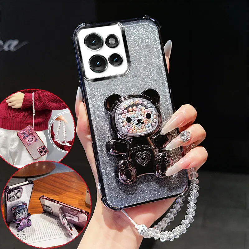 

4 Corner Shockproof Phone Case with Cute 3D Bear Stand Crystal Chain Lanyard For MOTO Edge 50 Neo Pro S50 60 Fusion Back Cover