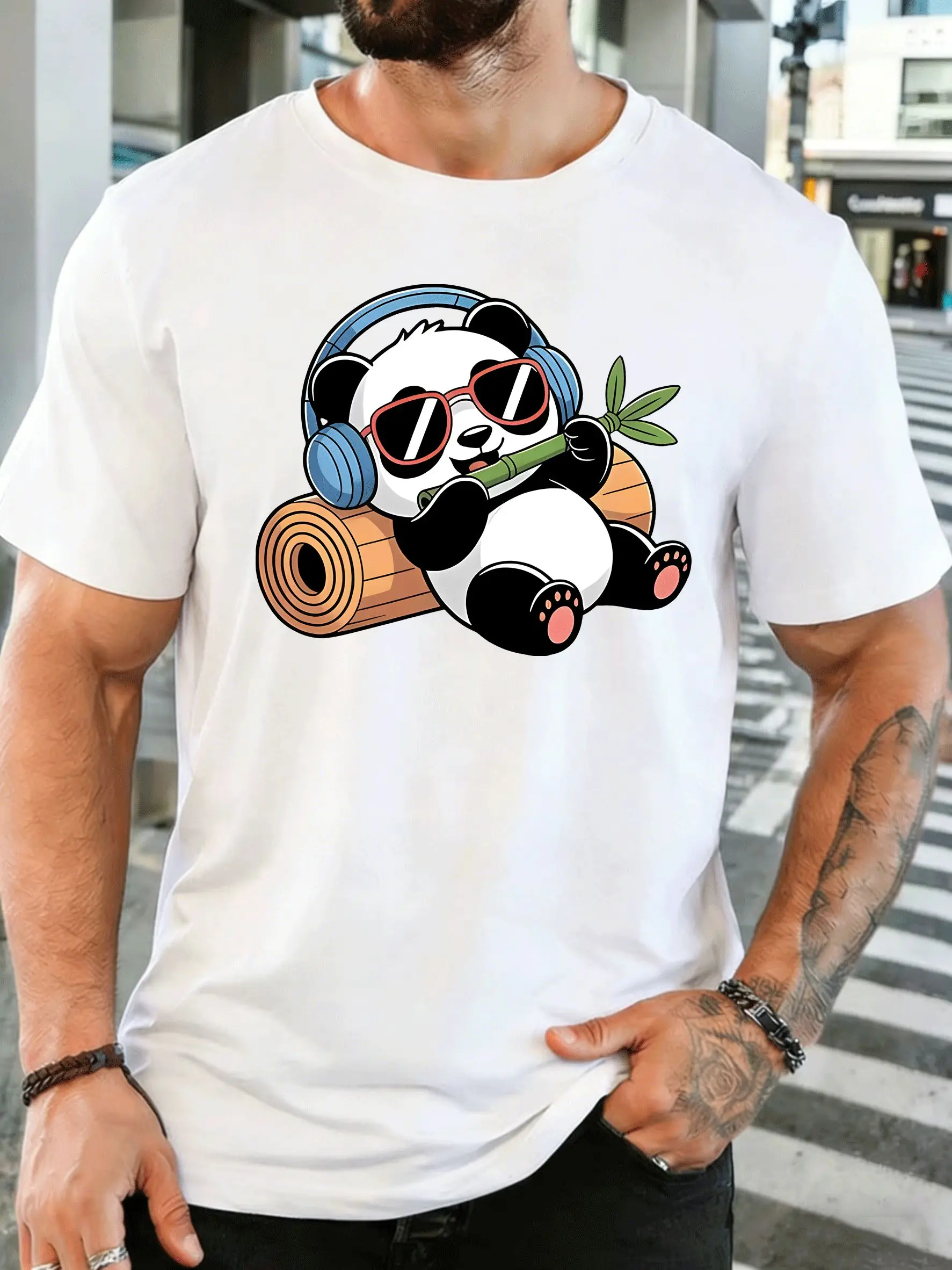 Cool Cartoon Panda With Headphones Sunglasses Mens Print T Shirt Fun Animal Graphic Tee Casual Short Sleeve Top Music Lover Gift