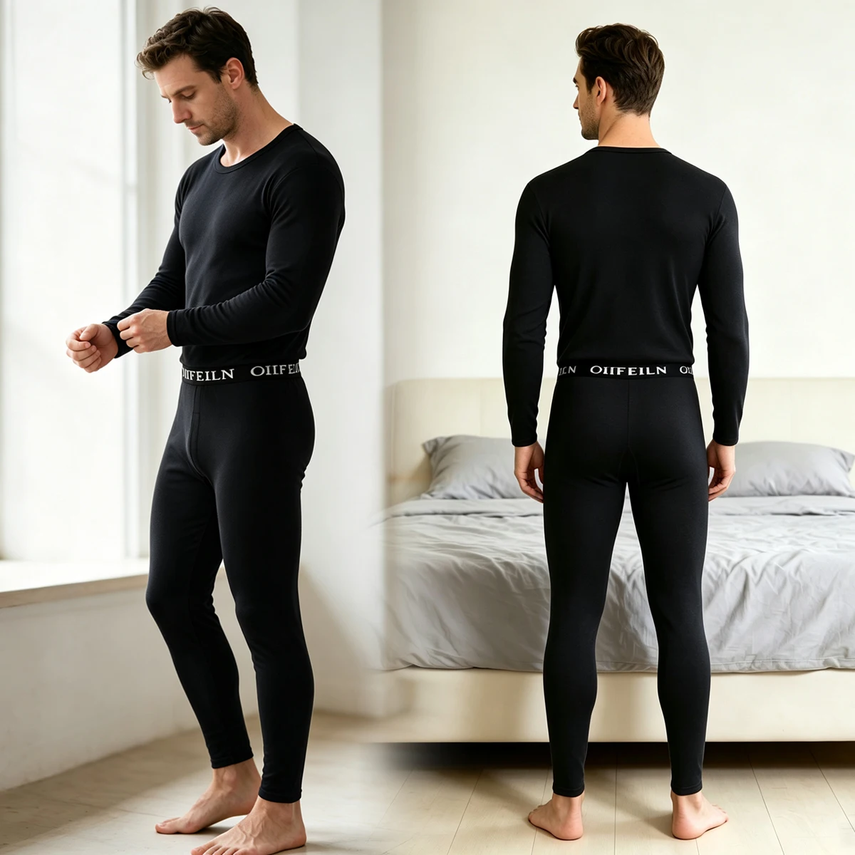 Men's Autumn/Winter Warm Underwear Set Solid Color Multi Color Round Neck Long Sleeve Top Letter Elastic Waist Casual Pants